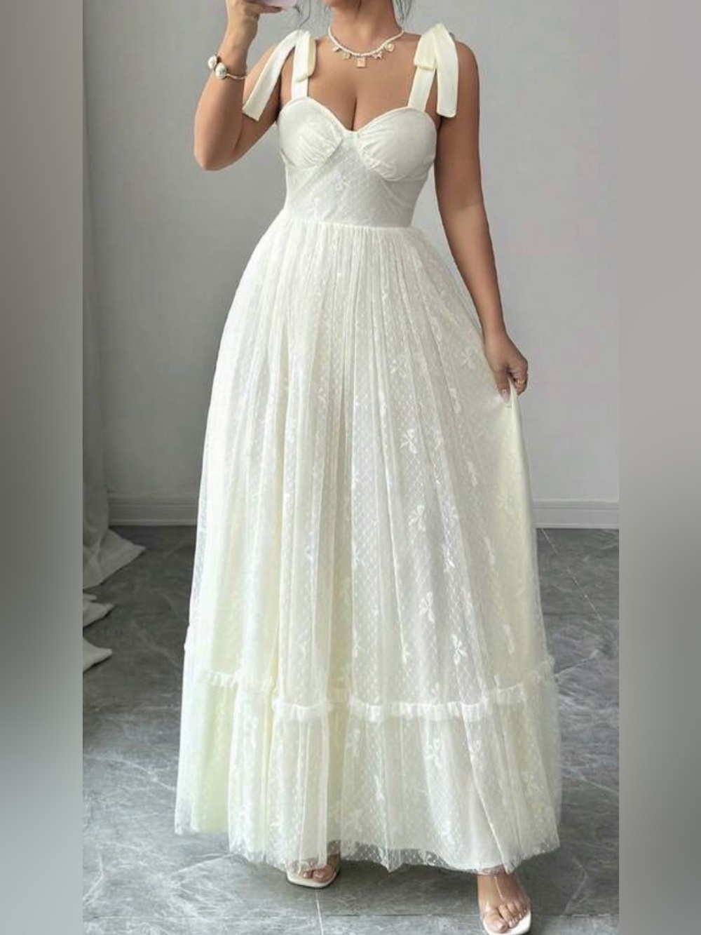 White Tie-Shoulder Maxi Dress - Elegant Women's Evening Gown